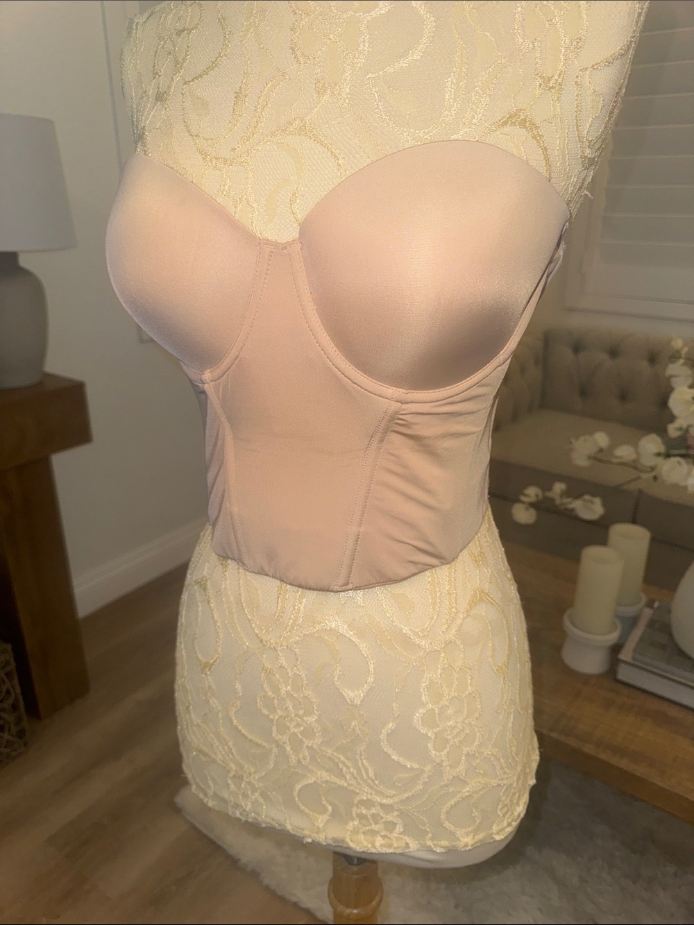 On Gossamer Strapless Longline Bustier in Blush Pink